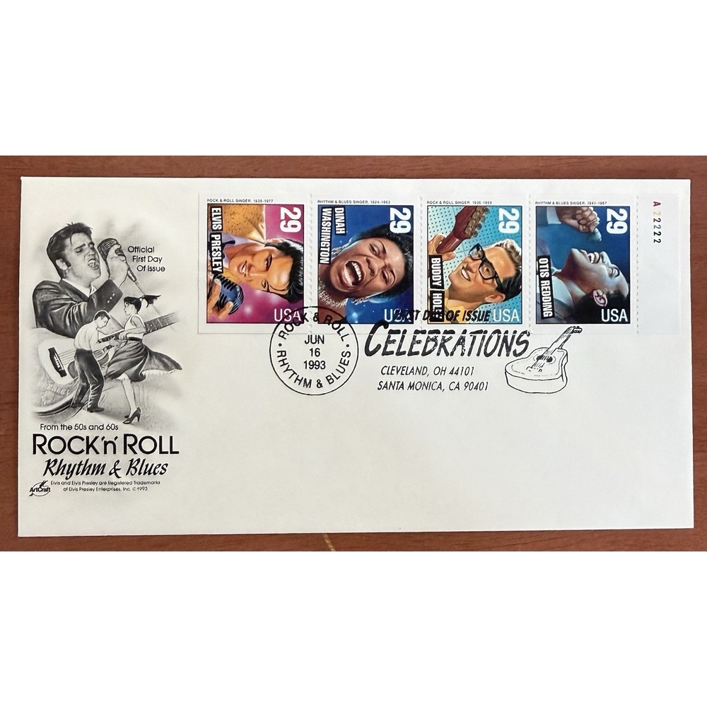 ArtCraft FDC Rock N Roll Rhythm & Blues 4 29 Cent Stamps FDC 1993 Elvis Presley